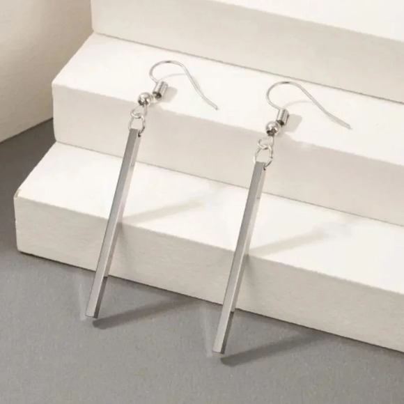 Dainty Silver Minimalist Long Bar Drop Earrings - Picture 3 of 3